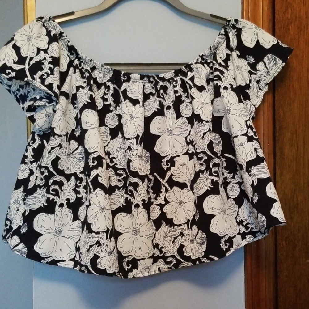 Sage Navy/white blue flower cropped top